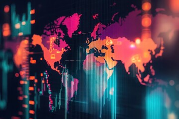 World Map with Neon Lights and Digital Data Visualization