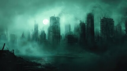 postapocalyptic futuristic cityscape with dark ominous atmosphere digital painting