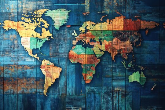 A World Map Crafted From Wooden Planks With Distressed Paint