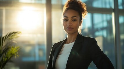 powerful female executive confident pose sleek corporate office modern attire sunlight streaming through windows commanding presence warm yet authoritative expression
