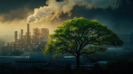 powerful juxtaposition of a chemical plant emitting smoke behind a resilient green tree highlighting environmental concerns dramatic lighting emphasizes the contrast between nature and industry