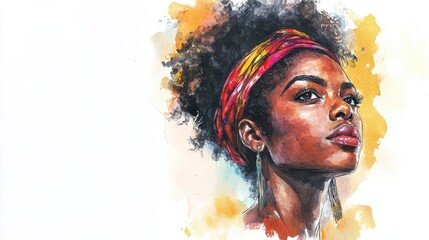 powerful portrait of black woman rendered in expressive watercolor style celebrating beauty strength and cultural identity
