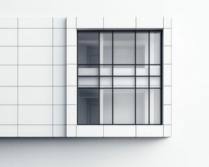 Bank facade with rectangular glass windows and a clean, monochrome white surface, Modernist, sharp angles, soft natural light