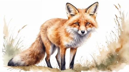 Fototapeta premium Beautiful fox standing elegantly in a grassy landscape, vibrant watercolor style