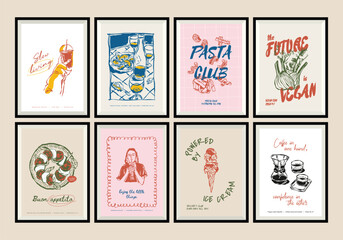 Minimal hand drawn vector dolce vita illustration set with aesthetic quote in a poster frame. Food and beverage doodles. Matisse style illustrations.