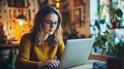 professional woman engaged in video call home office setting with warm natural lighting focus on laptop screen reflecting virtual meeting