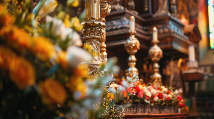 Obraz premium Ornate Church Altar Decorated with Colorful Flowers and Candles in a Beautifully Lit Interior