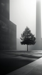 Black and white image of stark, massive square buildings with a lone pine tree growing in between...