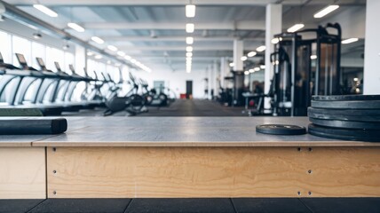 wooden surface for product display with a blurred gym in the background
