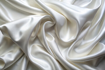 Obraz premium Soft and luxurious white satin fabric draped elegantly on a tabletop with delicate folds and curves highlighting its sheen. Generative AI
