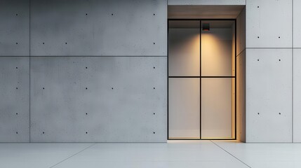 Bank exterior with frameless glass windows, smooth concrete walls, and minimalist lighting, Contemporary minimalism, cool tones, sharp focus