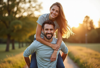 Joyful young couple enjoying a piggyback ride in a sunlit park setting. Happiness and love in an outdoor scene during sunset