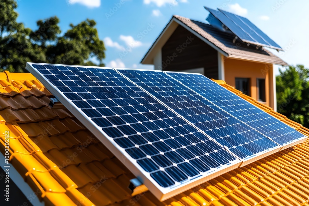 Poster minimal solar panel and house icon, with bold, simple lines showing the integration of renewable ene
