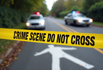 A police crime scene with yellow caution tape and two patrol cars on a quiet road, creating a sense of mystery and investigation.