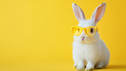 Obraz premium White rabbit wearing yellow glasses on a yellow background.