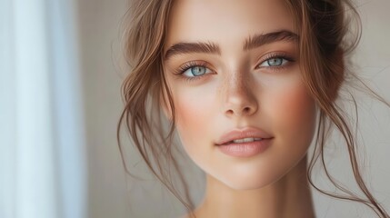 Naklejka premium radiant beauty portrait flawless glowing skin under soft diffused lighting neutral background highlighting natural features serene expression