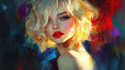Fototapeta premium radiant blonde model with short curly hair and vibrant red lips exuding confidence and beauty digital painting