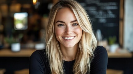 Obraz premium radiant blonde woman smiling at camera confident and charismatic portrait photography