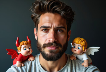Pensive man with angel and devil figurines on shoulders, symbolizing internal conflict and decision-making. Ideal for concepts of conscience, choices, and moral dilemmas.