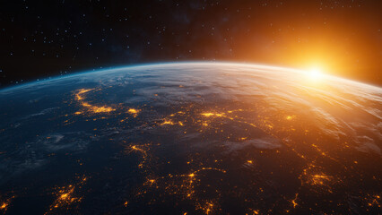 Fototapeta premium Sunrise over Earth from space, showing the planet's curvature and city lights.