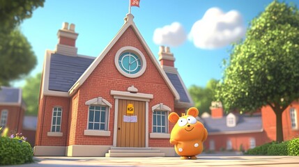Cartoon Style School Building with Friendly Mascot