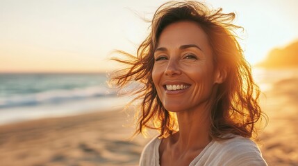 radiant middleaged woman exuding joy on sundrenched beach windtousled hair natural makeup casual linen attire golden hour lighting serene coastal backdrop - Powered by Adobe