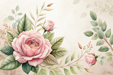 Delicate pink roses with lush green leaves elegantly arranged against a soft, muted background, creating a serene botanical atmosphere. Generative AI