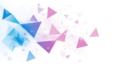 A graphic design featuring an abstract background with blue, purple, and pink triangles of various sizes flying across the screen