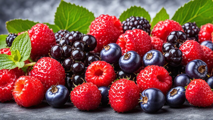 Mixed Berries Background: Strawberries, Blueberries, Raspberries, Blackberries. Seasonal Fresh Berry Fruits Backdrop.