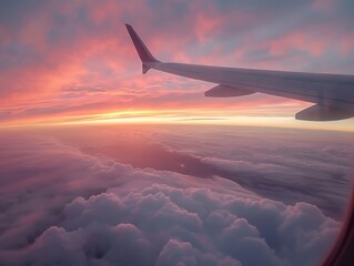 Fototapeta premium View from airplane window on beautiful cloudy sky at sunset or sunrise.