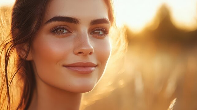 radiant woman with flawless skin in soft focus warm golden hour lighting gentle smile minimalist background highlighting natural beauty skincare concept