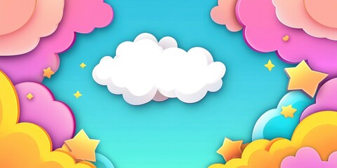 Colorful cartoon art with white clouds and colorful stars with empty space in the center against blue background
