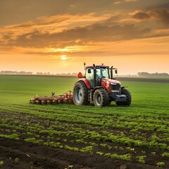 Fototapeta premium A red tractor cultivating a wide green field