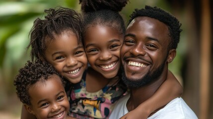 Fototapeta premium Father and his three smiling kids enjoying a moment together outdoors, all radiating happiness.