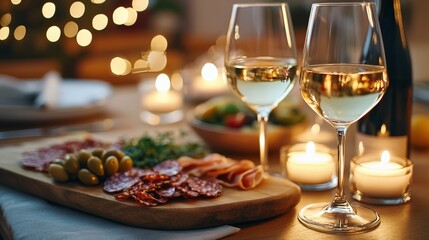 A rustic table set for a romantic dinner, with two glasses of white wine, candles, and a charcuterie board arranged artfully in soft, warm lighting