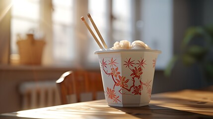 A to-go container of Chinese food with chopsticks, filled with steaming noodles and veggies, perfect for casual meal images.

