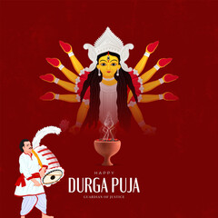 Vector illustration of Goddess Shri Durga for Durga Puja, Subh Navratri, with a vibrant red background