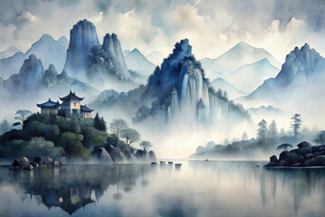 Misty mountains cradle ancient architecture in a serene landscape reflecting tranquility and timeless beauty at dawn. Generative AI
