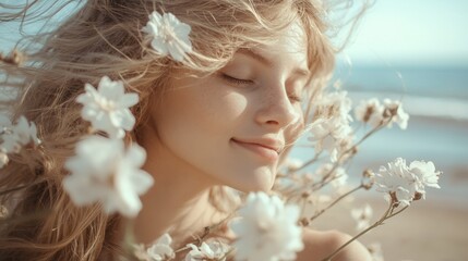 Naklejka premium A woman peacefully enjoying the outdoors, surrounded by white flowers, with her eyes closed.