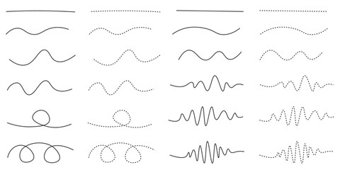Curved hand-drawn dotted doodles lines isolated illustration collection set. Vector icons in flat style