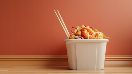 A to-go container filled with delicious Chinese takeout, featuring noodles and stir-fried vegetables, perfect for a quick meal.
