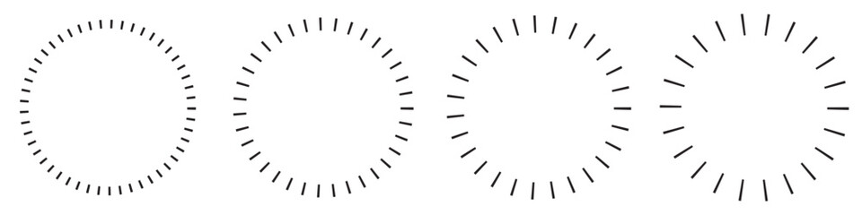 Dashed and dotted line rippled radial rounded circle in 4 variations illustration. Vector icons in flat style