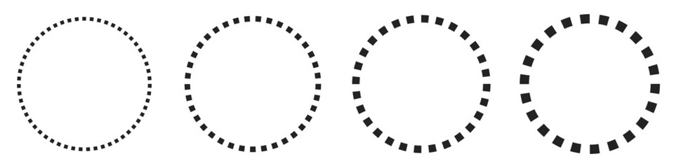 Rounded dashed dotted radial circular black line illustration in 4 variations. Vector icons in flat style