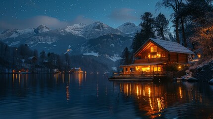 Fototapeta premium Night lights of a lake house in the mountains. Mountain lake house lights 