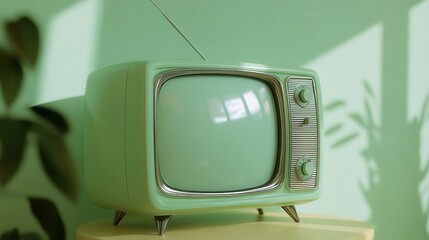 retro mint green television set with chrome accents and antenna embodying 1950s nostalgia rounded screen and chunky dials capture vintage tech charm