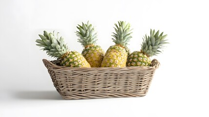 Realistic display of whole pineapples in a wicker basket on a white background, focusing on their spiky texture and golden color