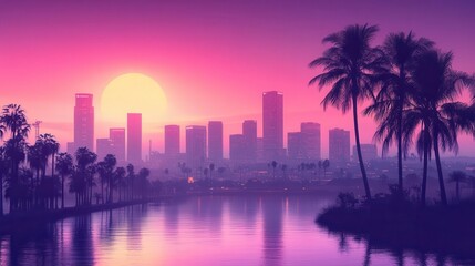 retrofuturistic cityscape at dawn palm trees silhouetted against a gradient sky of neon pinks and purples