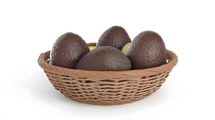 Obraz premium Realistic close-up of fresh avocados in a wooden basket on a white background, highlighting their smooth brown skin and creamy green interior