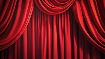 rich red theater curtains with dramatic folds and pleats spotlight creating a focal point suggesting anticipation before a performance luxurious fabric texture emphasized