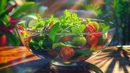 A vibrant salad bowl filled with fresh vegetables, colorful ingredients, and healthy greens, perfect for a wholesome meal display.

